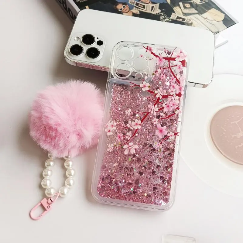 Glitter Blossom Pattern Phone Case with Plush Lanyard, Decorative Phone Protector Cover, Phone Accessories Compatible with iPhone 11 12 13 14 15 16 Pro Max/Pro/Plus, Casing 3