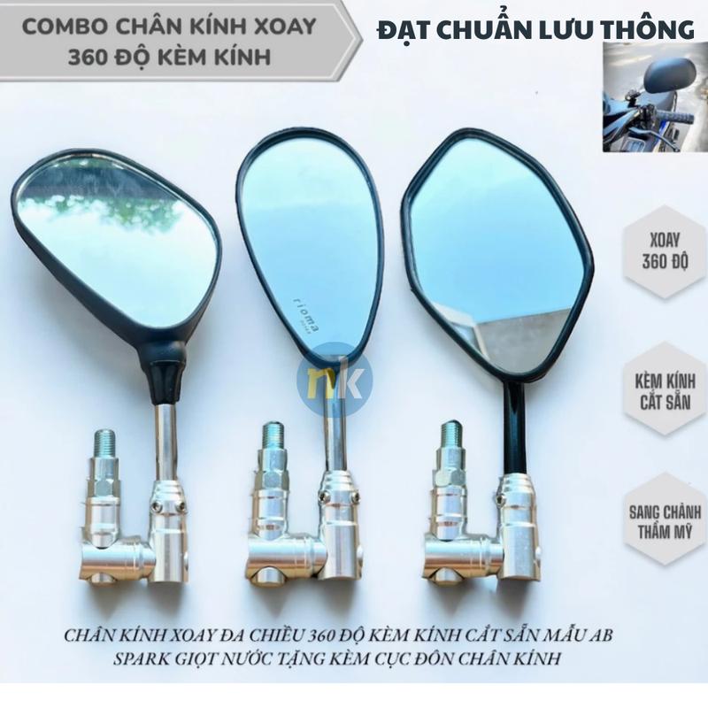 COMBO KÍNH CHIẾU HẬU SPARK AB KÍNH GIỌT NƯỚC Kèm Chân Xoay 360 Tặng kèm lục giác và Ốc Nối dùng được tất cả các dòng phổ biến gương đủ tiêu chuẩn cho xe