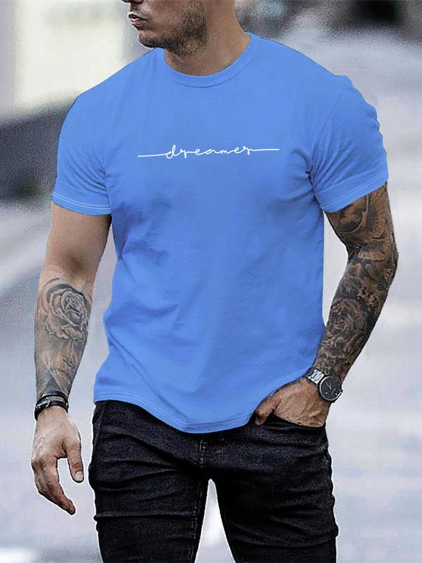 Men's Letter Print Round Neck Tee, Regular Fit Casual Short Sleeve Crew Neck T-Shirt for Summer, Fashion Men's Top for Daily Wear 1