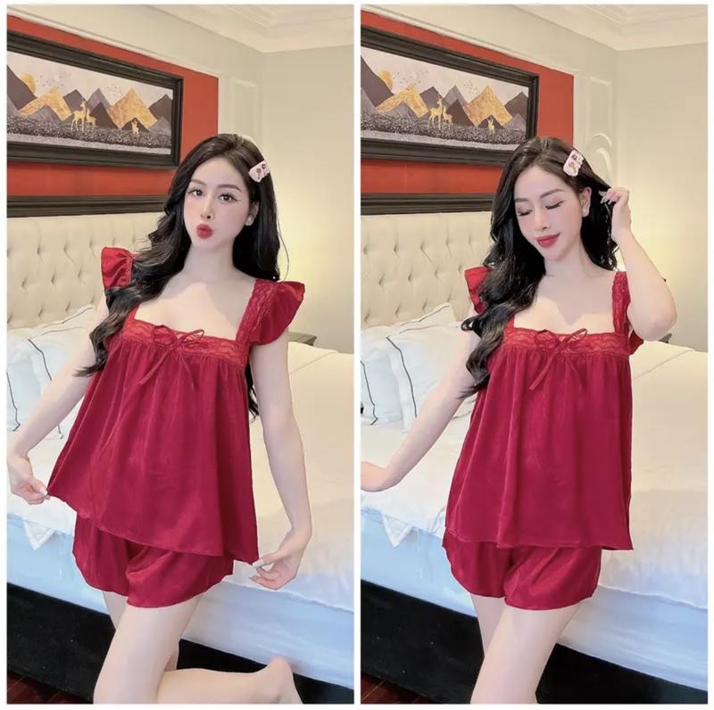 Đồ bộ Nữ Bộ quần đùi áo tay nhí phối ren vải phi bóng phom 40kg đến 55kg Women Quần Ngủ Đen đỏ trắng hồng vàng kem xanh Nhung Voi