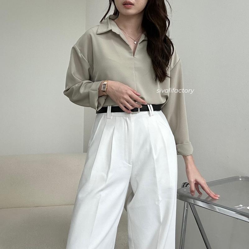 SIVALI Minji Shirt | Basic Loose Office Shirt - Kemeja Wanita Kantor Atasan Baju Anti Kusut Panjang Tebal Polyester Silk Formal Oversize Formal Oversize Kerja Hitam Casual 6