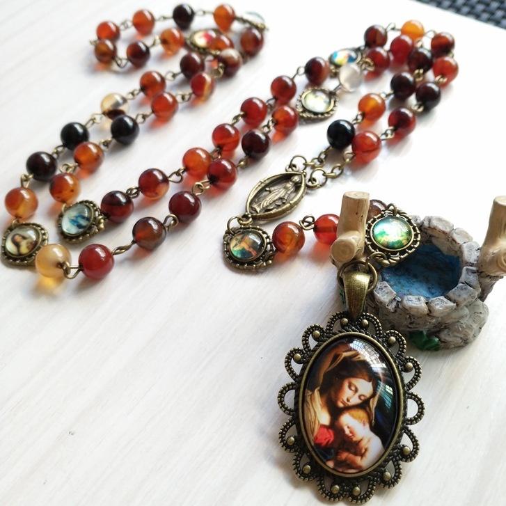 Tràng hạt 7 hạt Châu Lệ kính Đức Mẹ hạt đá mã não 8ly lần chuỗi phong cách cổ điển sang trọng CMC32