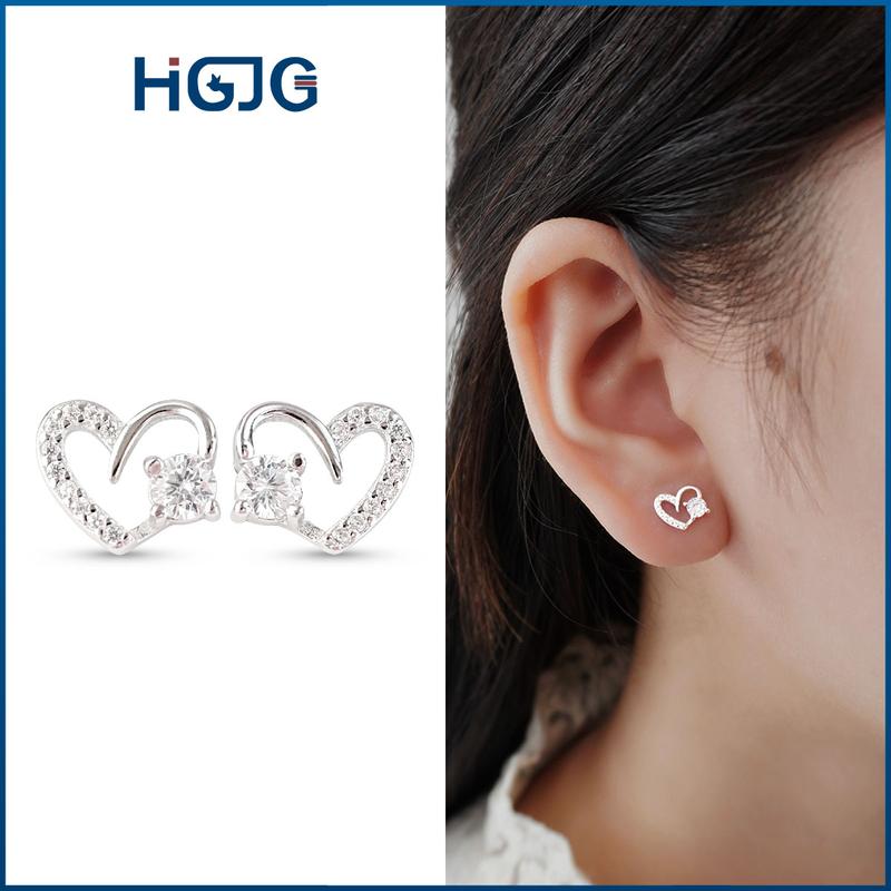 Bông Tai Bạc Nữ Trái Tim Nạm Đá Nhỏ Viền Lấp Lánh Tinh Xảo, Khuyên Tai Nữ Bạc 925 Cao Cấp