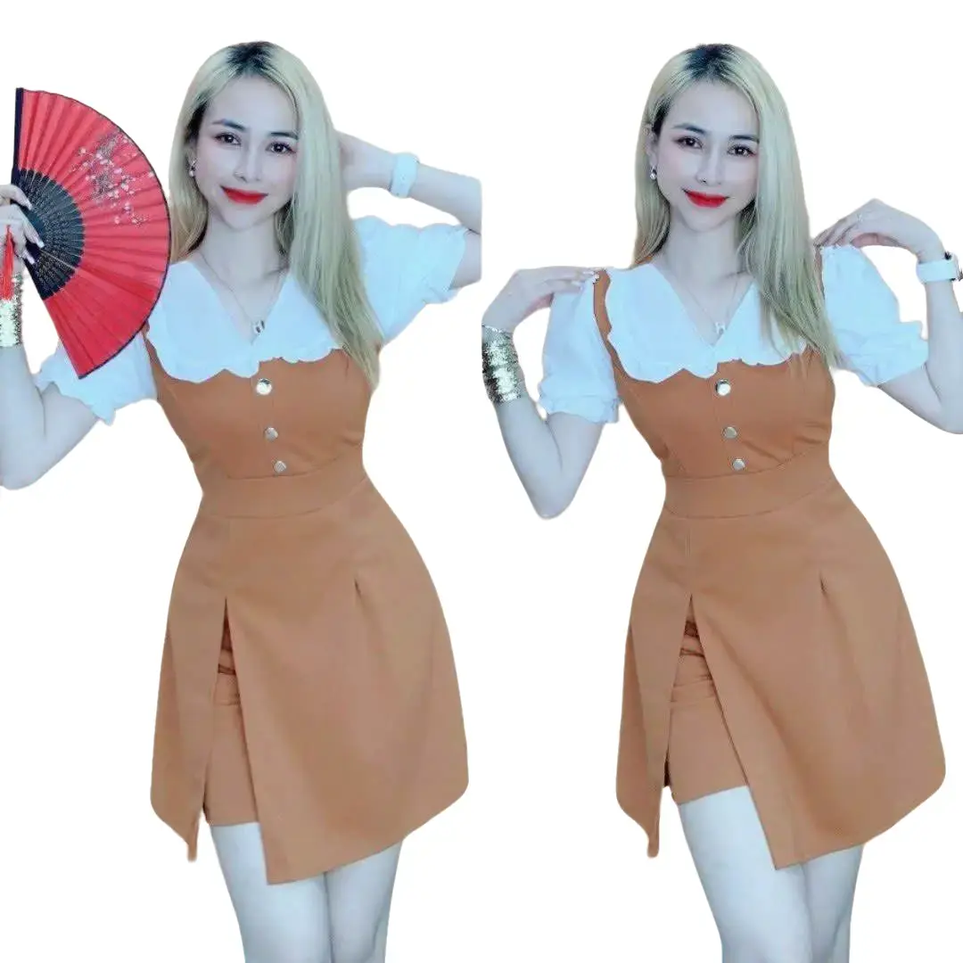 SÉT ĐẦM KÈM QUẦN - ÁO CỔ LÁ SEN Nữ Women Kem Nhung Kem Nhung Top Thun