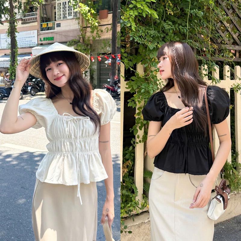 Áo kiểu nữ linen nhún thân dáng babydoll trễ vai tay bồng tiểu thư 2 dây buộc nơ HAVANA AO362