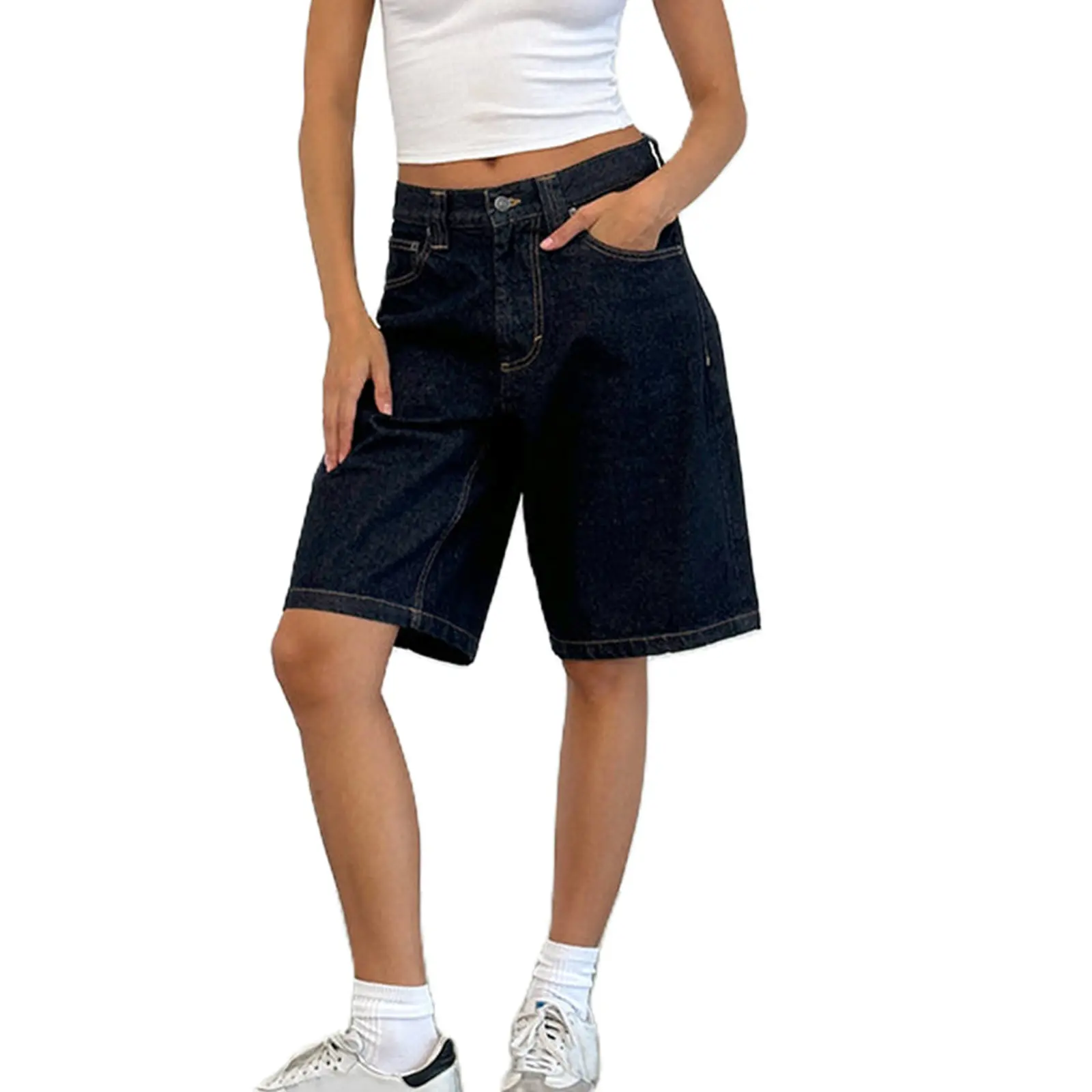 Women's Knee Length Denim Shorts Loose Solid Color Low Rise Wide Leg Long Shorts with Pockets for Summer