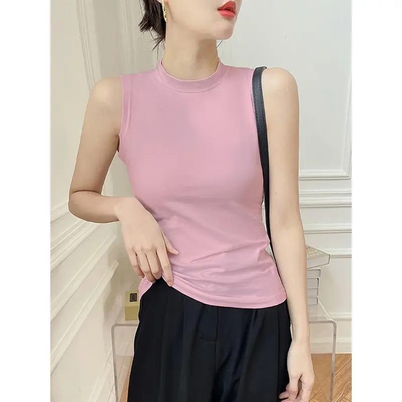 Áo Yếm Cổ Lọ Nửa, Dành Cho Nữ, Hàng Mới Về Mùa Thu 2024, Màu Trơn Áo Mặc Bên Ngoài, Ôm Vừa Vặn, Ngực Siêu Dáng Ôm, Có Thể Mặc Bên Trong, Áo Không Tay Top Women Cổ Tròn Tua Rua Umi Denim 2