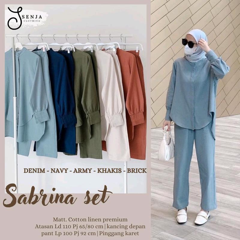 sabrina set bahan katun linen  Muslim Wanita Setelan Dewasa Baju Celana Kancing Karet Panjang Casual 2