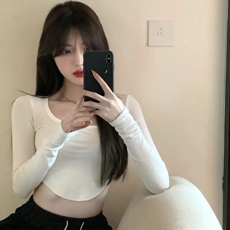 Autumn Women Solid Color Square Neck Long Sleeve T-shirt Hottie Irregular  Crop Top