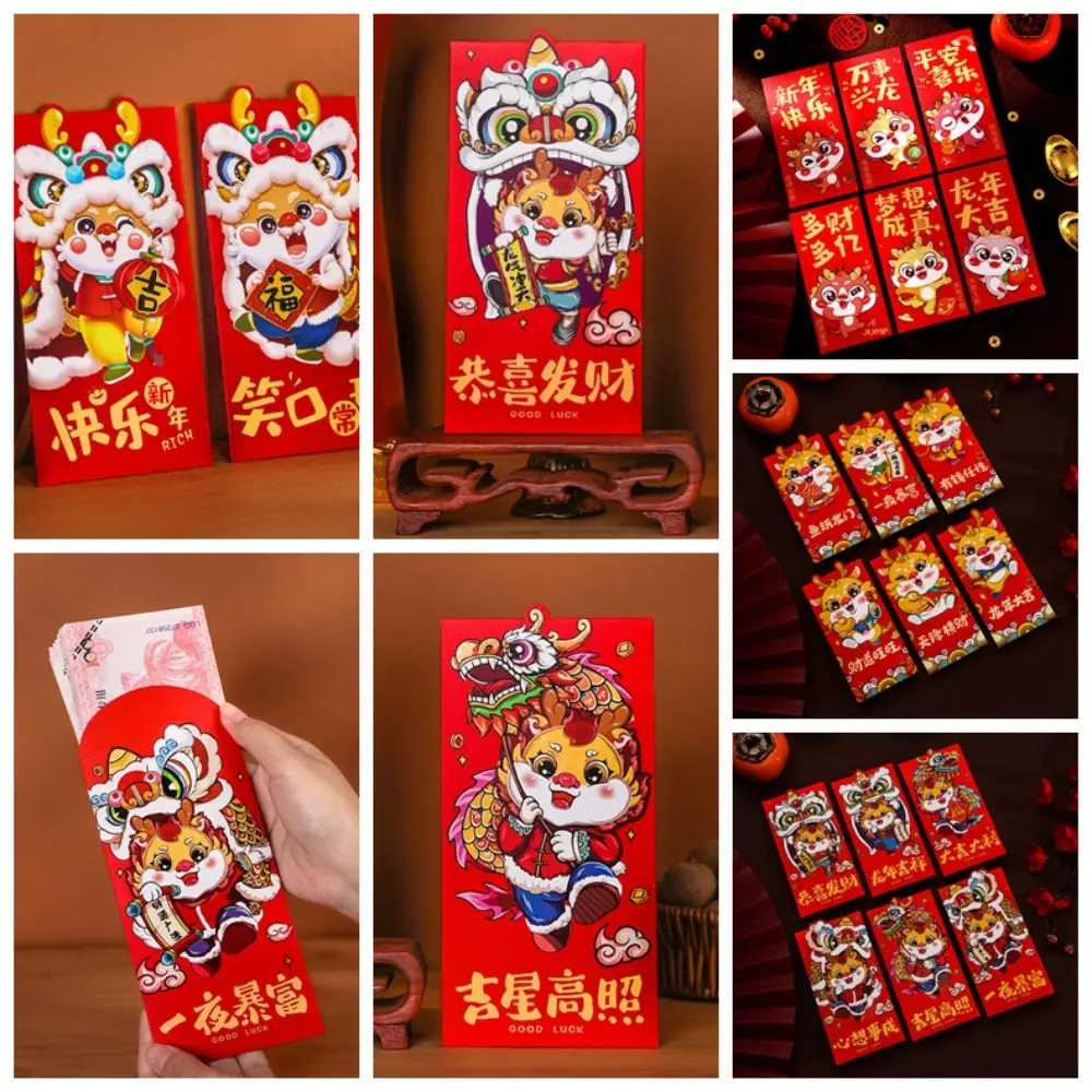 6Pcs/set 2024 Money Pocket Spring Festival Red Envelopes 2024 New Year Best Wishes Red Pocket Dragon Hong Bao Party Gifts