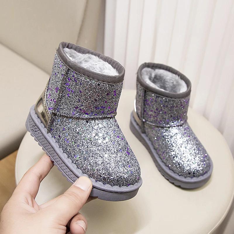 Product Introduction of Winter Girl's Snow Boots Glimmer Three Colors Thick Fur Kids Short Boot Warm Beautiful Stylish Slip-on Children Shoes 25-36 14