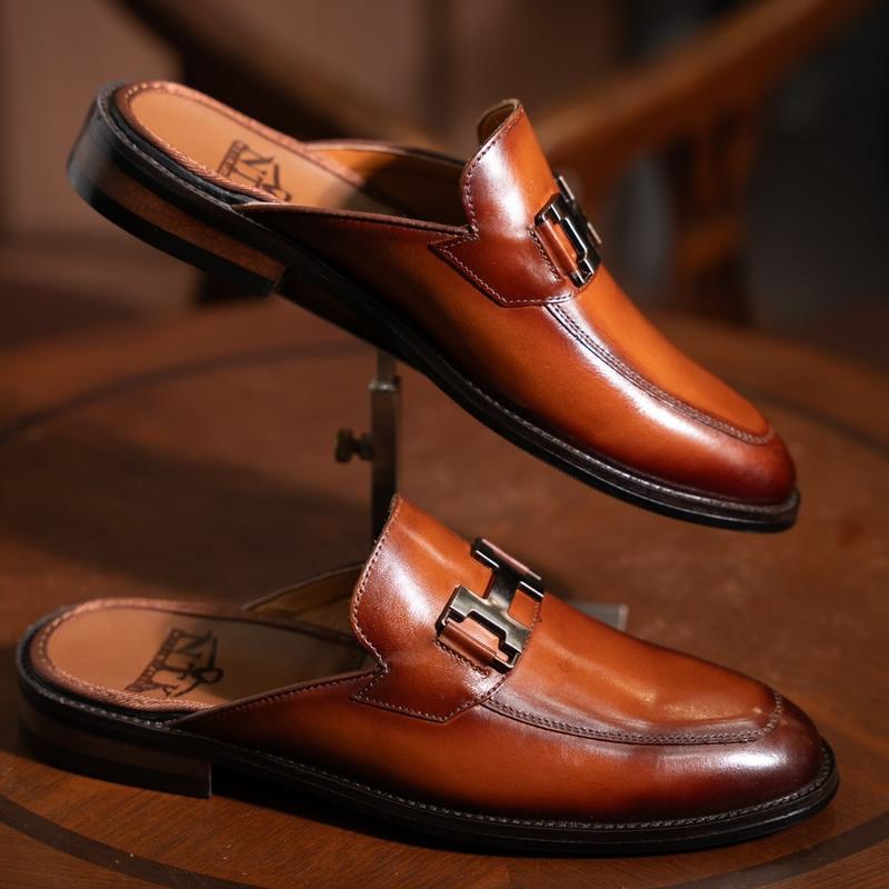 Giày Sục Nam Mặt Chữ H Màu Nâu bò Kích Thước 37-44 Đế Gỗ Phip Cao Cấp Bảo Hành 24 Tháng