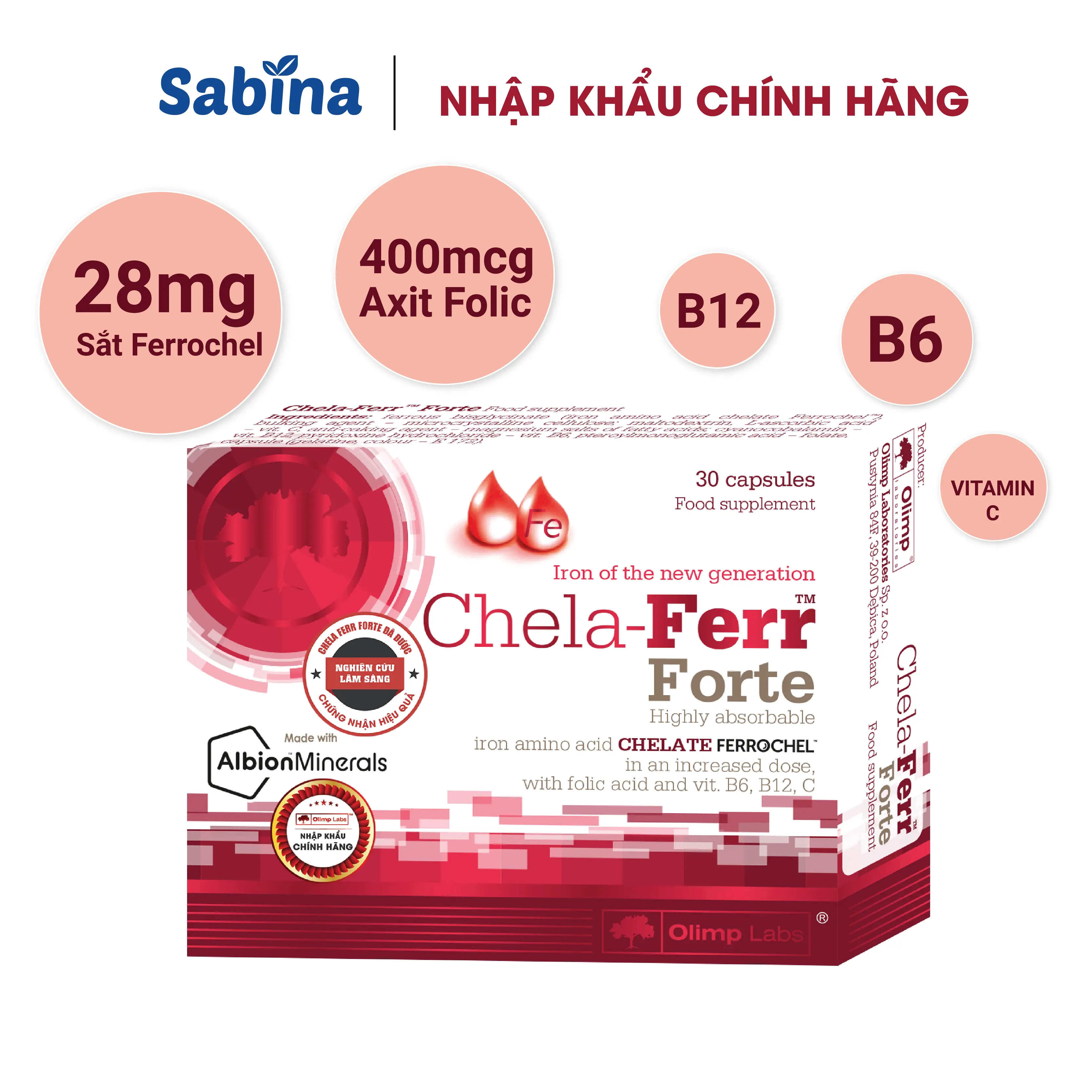 Sắt Chela Ferr Forte -Thực phẩm bảo vệ sức khoẻ chứa sắt Ferrochel dạng Chelate cho bà bầu và sau sinh11,4g-Olimp Labs