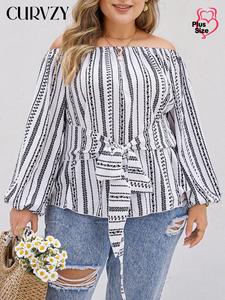 CURVZY Plus Size Striped Print Knot Front Blouse, Casual Long Sleeve Off Shoulder Top for Spring & Fall, Women's Clothes for Daily Wear