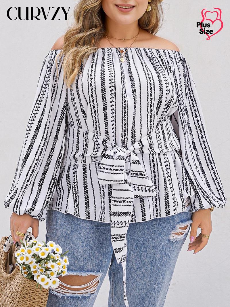 Product Introduction of CURVZY Plus Size Striped Print Knot Front Blouse, Casual Long Sleeve Off Shoulder Top for Spring & Fall, Women's Clothes for Daily Wear 1