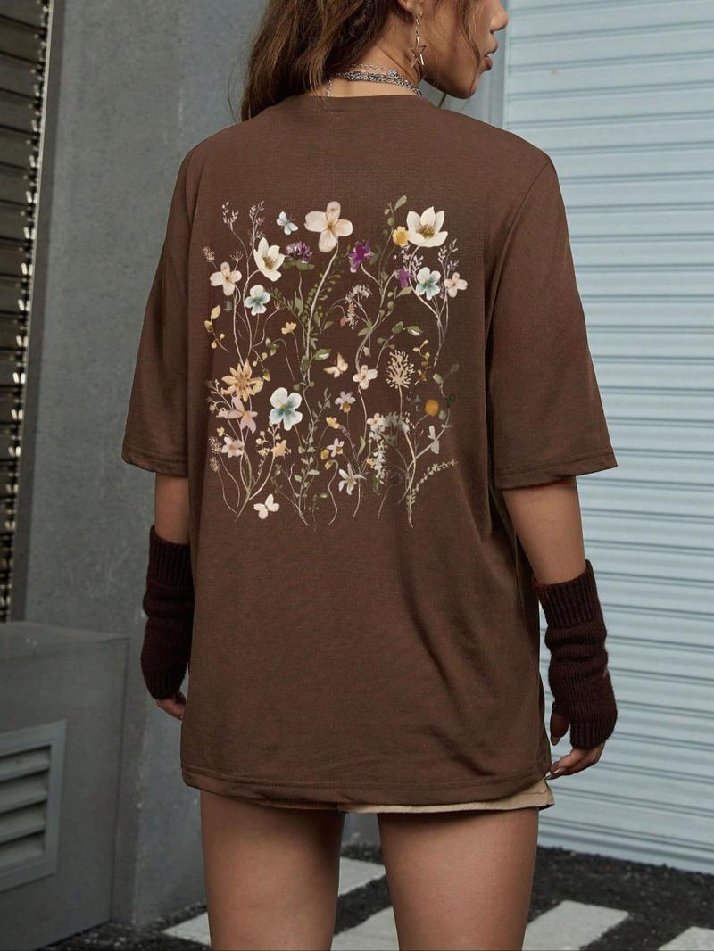 Product Introduction of Women's Floral Print Drop Shoulder Crew Neck Tee, Street Fashion Casual Half Sleeve Round Neck T-shirt for Summer, Streetwear Tshirt, Ladies Summer Clothes, Graphic Tees, Clothing, Tops 14