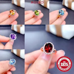 AGIAO Cincin Garnet Oval Zircon 5A Batu Permata Kristal Kuning Untuk Wanita