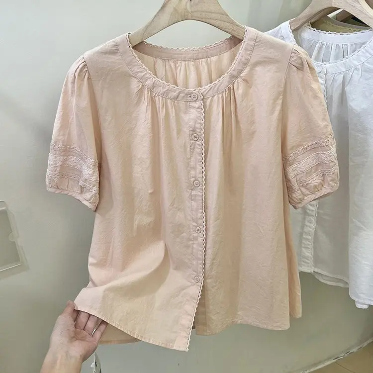 Áo Sơ Mi Ren Thêu Cổ Tròn Màu Hồng Phong Cách Pháp, ngắn Tay, Áo Búp Bê Nữ Mùa Hè Mới, Áo Búp Bê, Làm Bằng Bông, Thích Hợp Để Giấu Bụng, Năm 2025