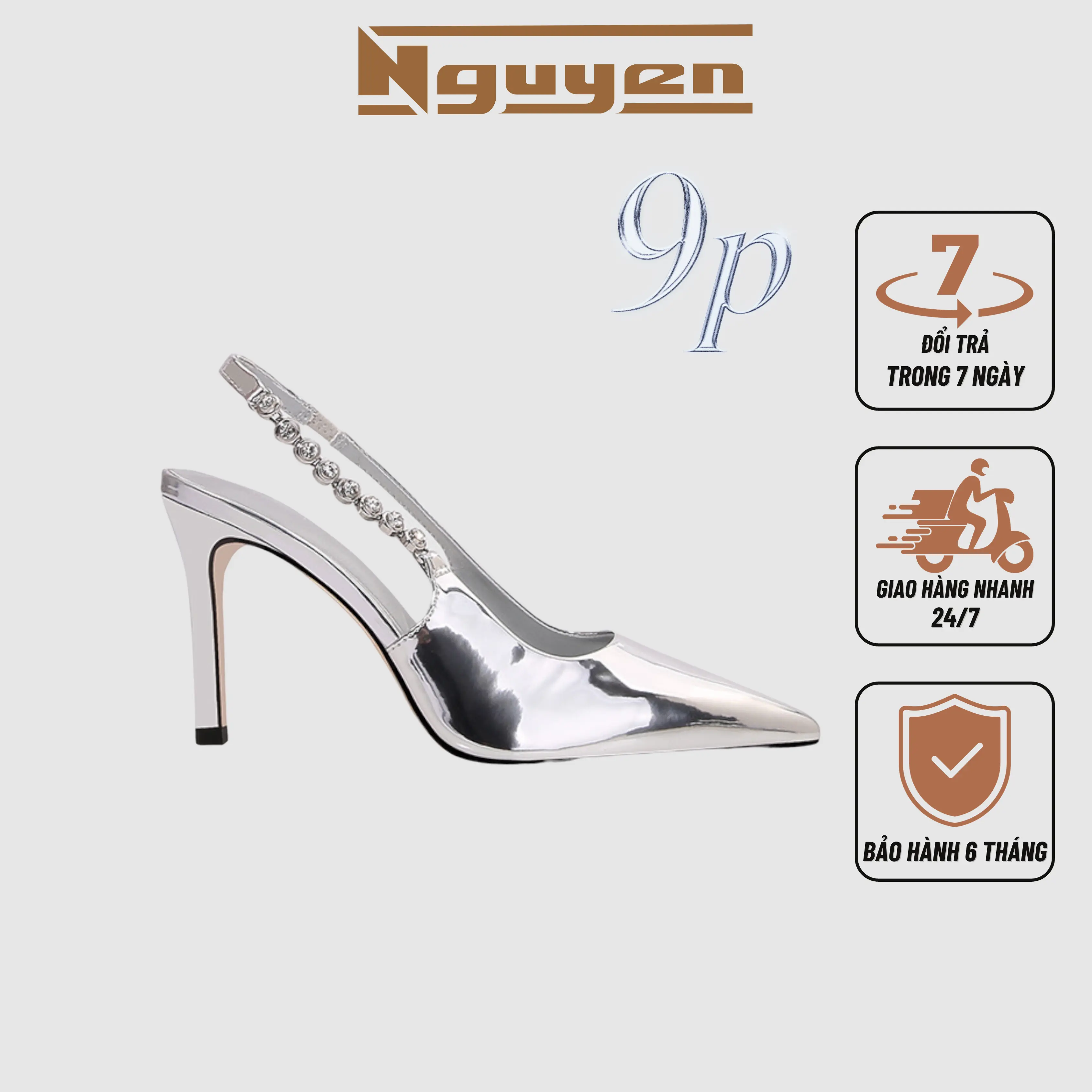 Giày cao gót Nguyễn Gia mũi nhọn bít mũi quai đính đá cao 7p-9p N118 Nữ DéP Shoes