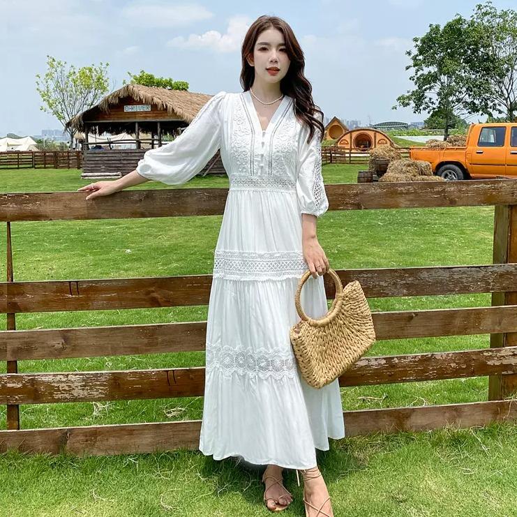  Đầm mặc đi đám cưới sang chảnh Đầm Maxi Dài Cotton Lụa Thêu Nút Vải Du Lịch Đi Biển Nữ Women Dress Voi Màu Trắng Voan Voan đầm  maxi 
