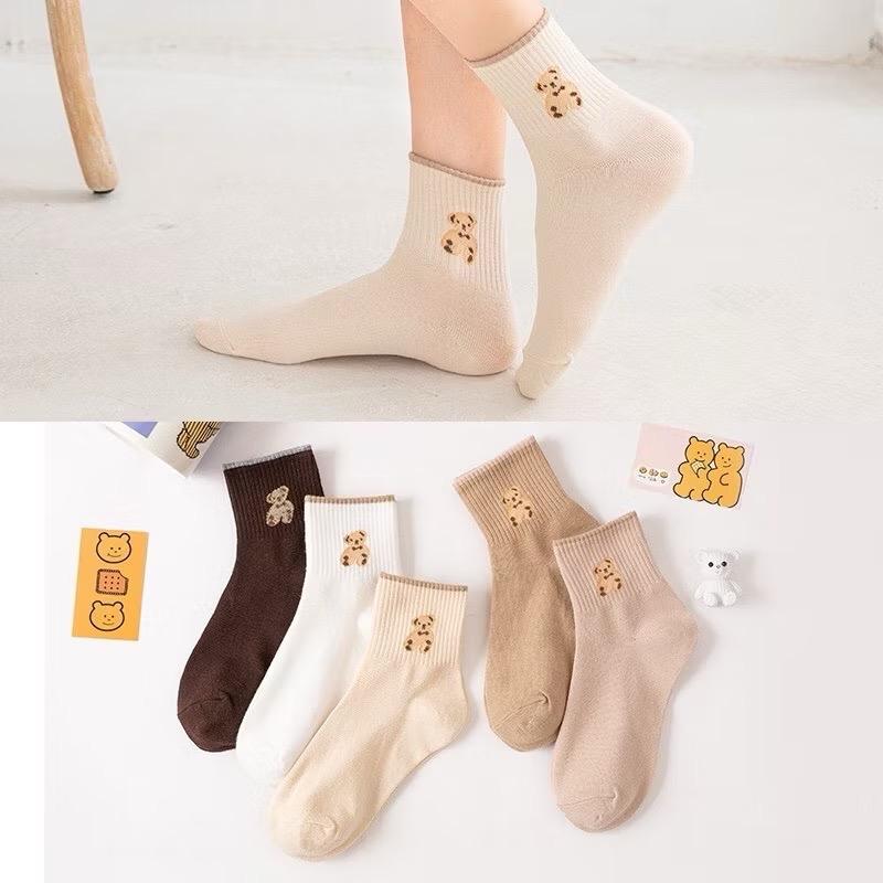 Set 10 đôi Tất Vớ Cổ Cao Nữ Jengiang Họa Tiết Gấu Tông Nâu Phong Cách Vintage Hàn Quốc Women