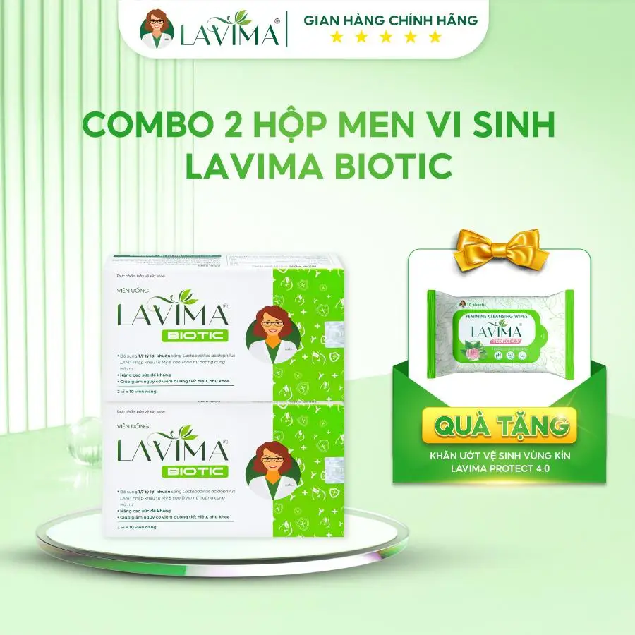 [Tặng Khăn Ướt Lavima] Combo 2 Men Vi Sinh Thực Phẩm Bảo Vệ Sức Khỏe Lavima Biotic Hộp 20 Viên Tặng 1 Khăn Ướt Vệ Sinh Lavima Protect 4.0 Gói 10 Tờ Nữ