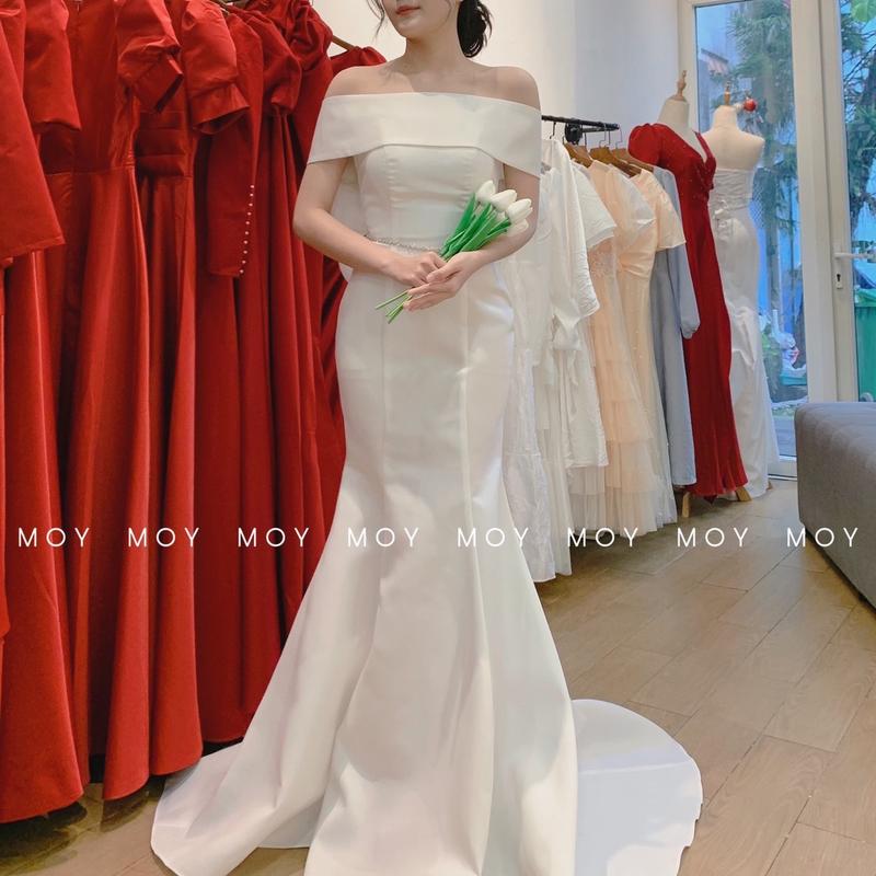 Váy body cúp đuôi cá bệt vai nơ đan lưng- Váy cưới, đầm cưới thiết kế đi bàn, chụp ảnh, thanh lịch, nhẹ nhàng-H315 7