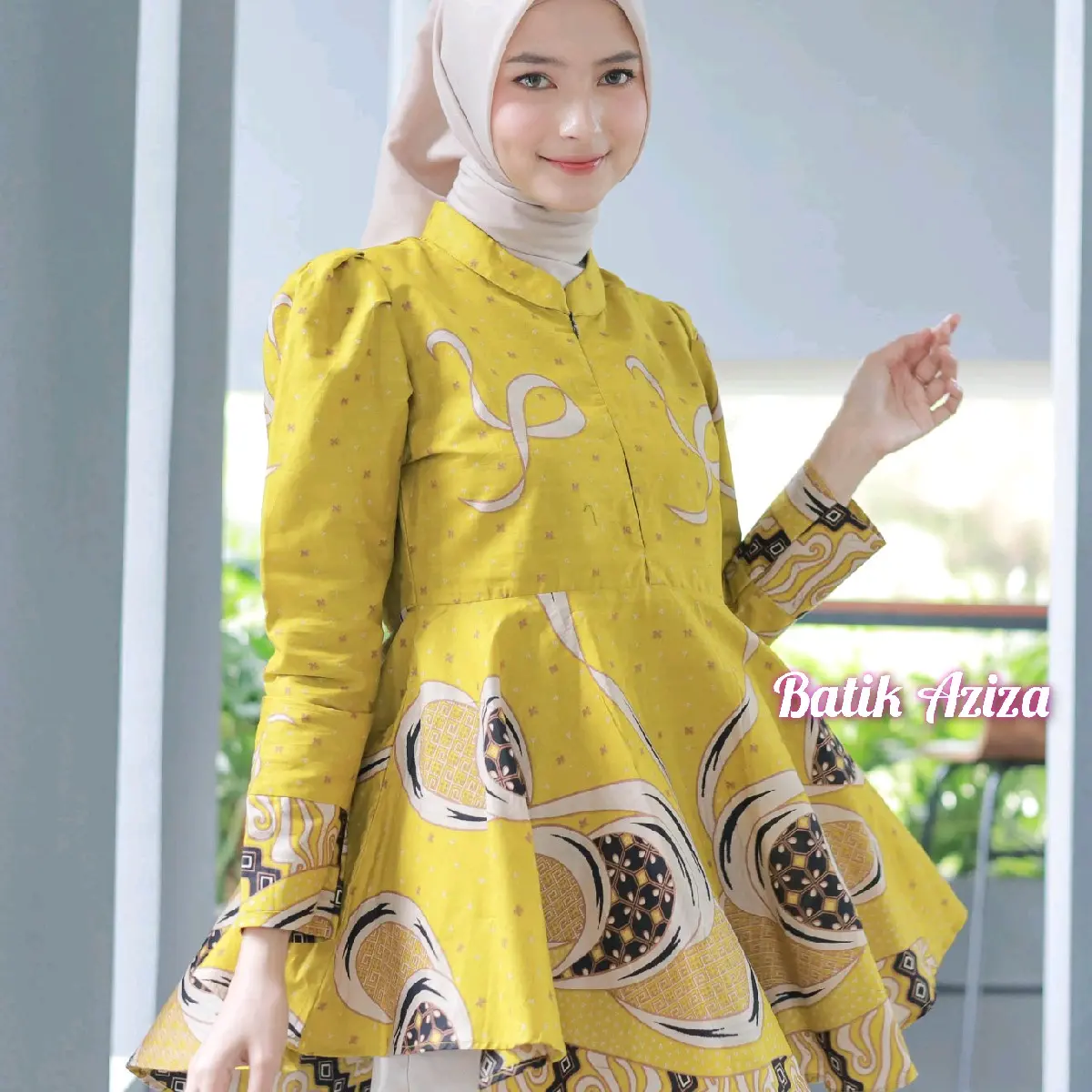 Batik Wanita Modern Atasan Batik Wanita Puffy Shoulder Peplum Payung Lebar Blus Aurora by Batik Aziza