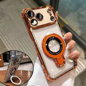 Casing Transparan Anti Guncangan Kantong Udara Dudukan Putar Mewah dengan Film Lensa untuk iPhone 13 14 15 16 17 Pro Max Bening Case Cover