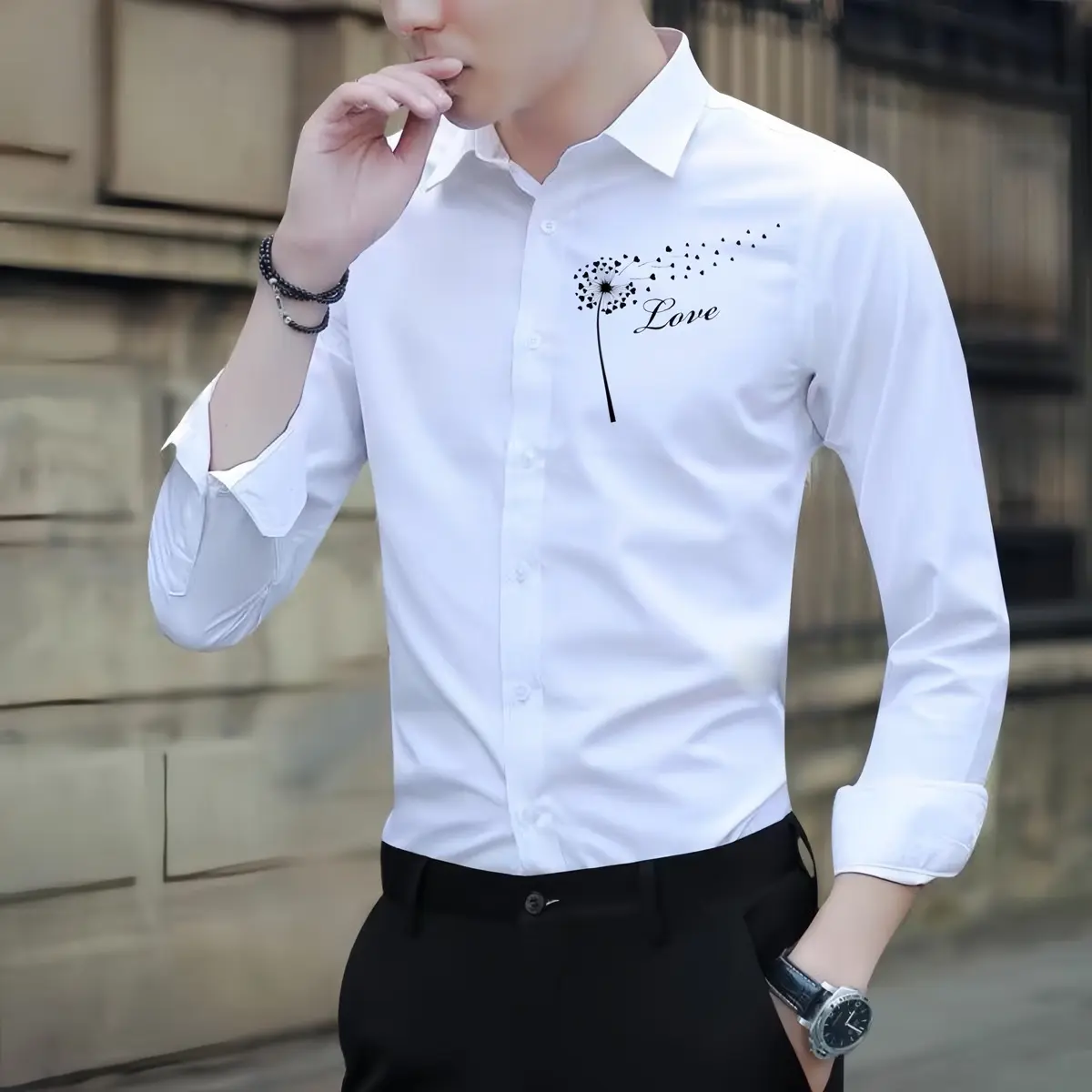 Áo Sơ Mi Dài Tay In Hình ”Bồ Công Anh Phối Chữ Love" Vải Lụa Mềm Mịn Nam Menswear Kate Shirt