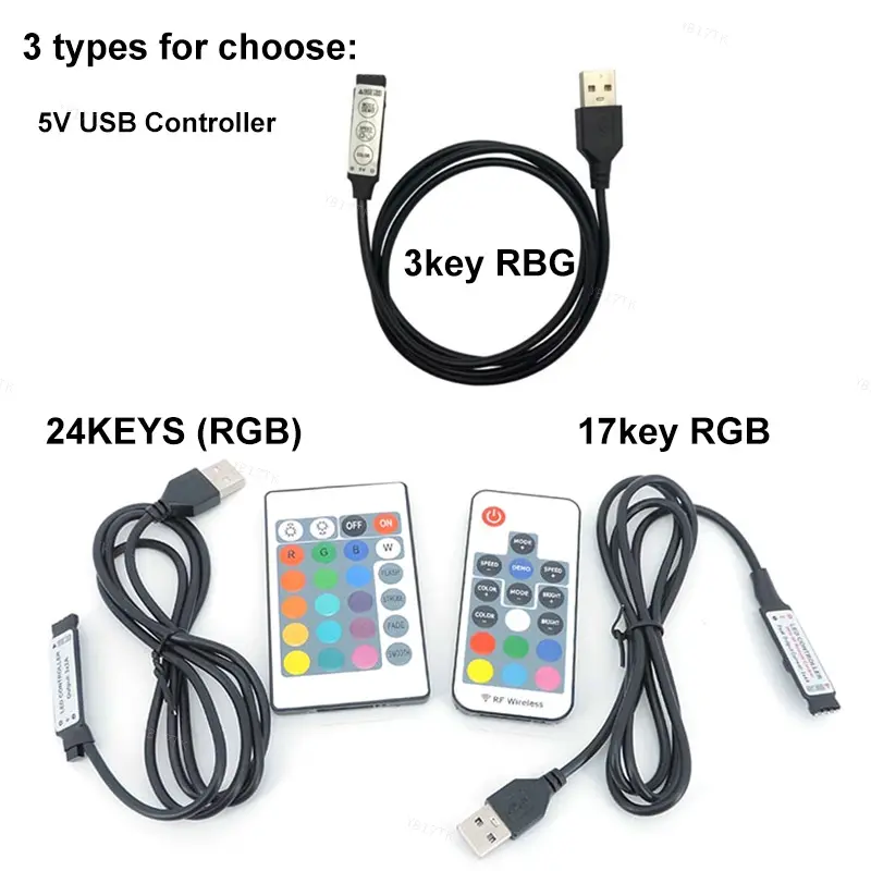 Nguồn sáng dải LED RGB, Bộ điều khiển RF, Kích thước nhỏ, 3 phím, 17 phím, 24 phím, 4 chân đến cổng USB, 5V, YB17VN 0
