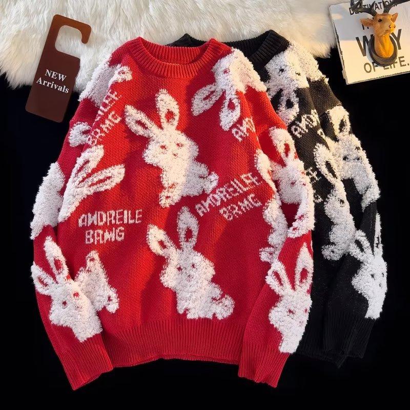 Áo Len Đỏ Thỏ Nếp Mềm Mại Cho Nam Và Nữ Áo Len Phong Cách Phương Tây Thích Hợp Cho Mùa Thu Và Mùa Đông Cặp Đôi Lười Biếng Giáng Sinh Bộ Sưu Tập Mới 2024áo thun nam guci áo tommy chữ ký rẻ áo phông whenever áo story tâm trạng