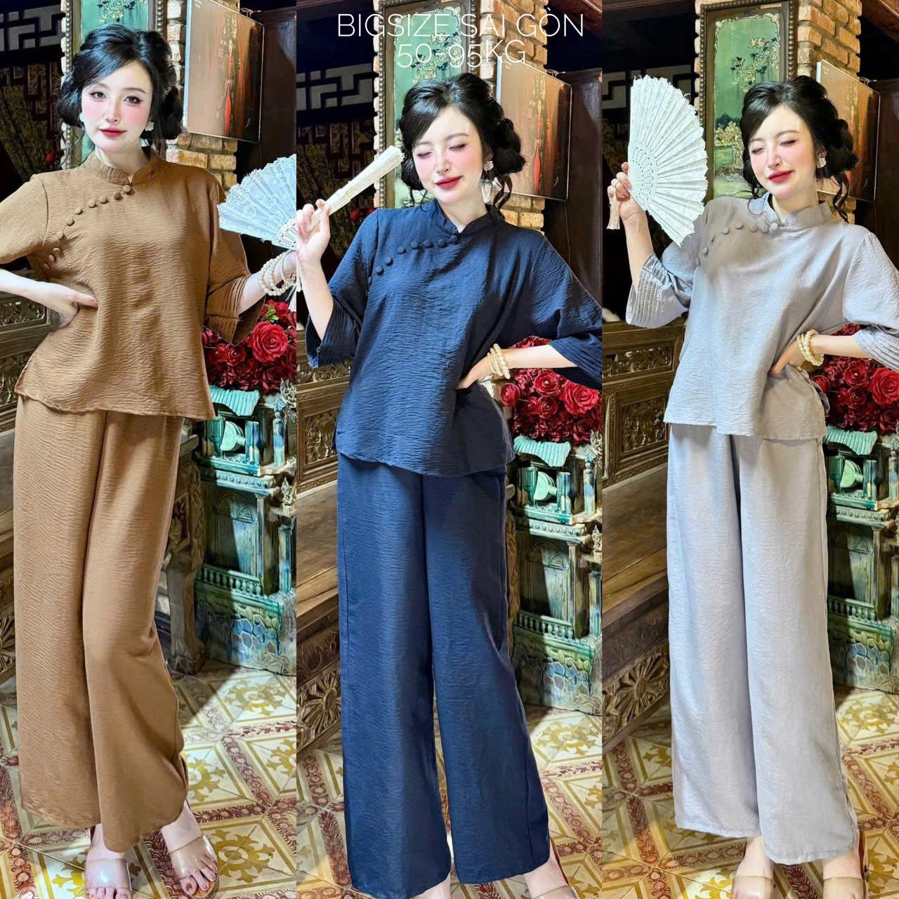 Set Đồ Lam Bigsize Nữ Pháp Phục Đi Lễ Chùa Áo Tay Lửng Cổ Tàu Kèm Quần Đũi Cao Cấp Thanh Lịch Bigsize 50-95kg –  A.1652