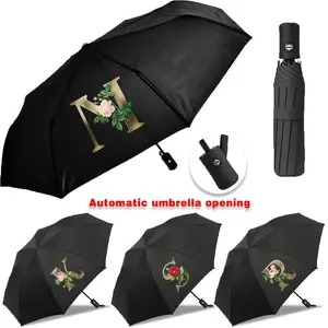 Luxury Golden Flower Letter Printing Automatic Umbrella - Payung Otomatis - Reusable Waterproof Cover