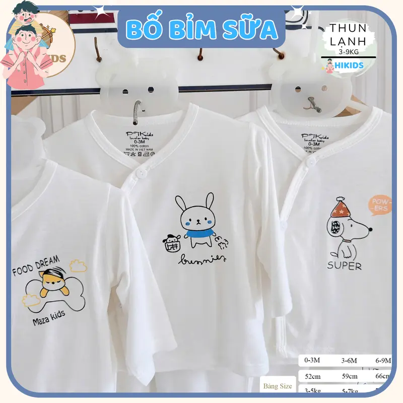 (Mỏng Mát) Combo 3 - 5 bộ quần áo dài tay sơ sinh TT chất thun lạnh cho bé  trắng in hoạ tiết cho bé 0 - 9 tháng [DL0] hikids set  đồ 2