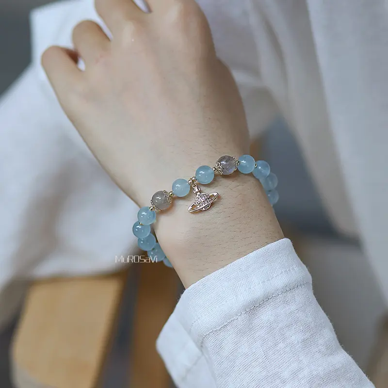 Vòng Tay Pha Lê Aquamarine, Dành Cho Phụ Nữ, Thiết Kế Đơn Giản, Đá Mặt Trăng Xám, Hạt Màu Xanh Lam, Đồ Trang Sức Vòng Tay Đính Cườm Thủ Công 3