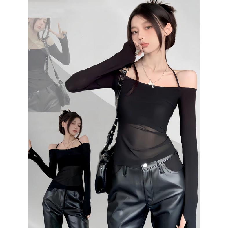 083 áo phông body nữ màu đen điệu lưới giấy áo thun tay dài trễ vai dáng ôm kiểu hàn quốc