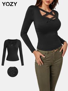 YOZY Women's Contrast Lace Criss Cross Square Neck Tee, Casual Long Sleeve T-shirt for Daily Wear, Ladies Clothes for All Seasons