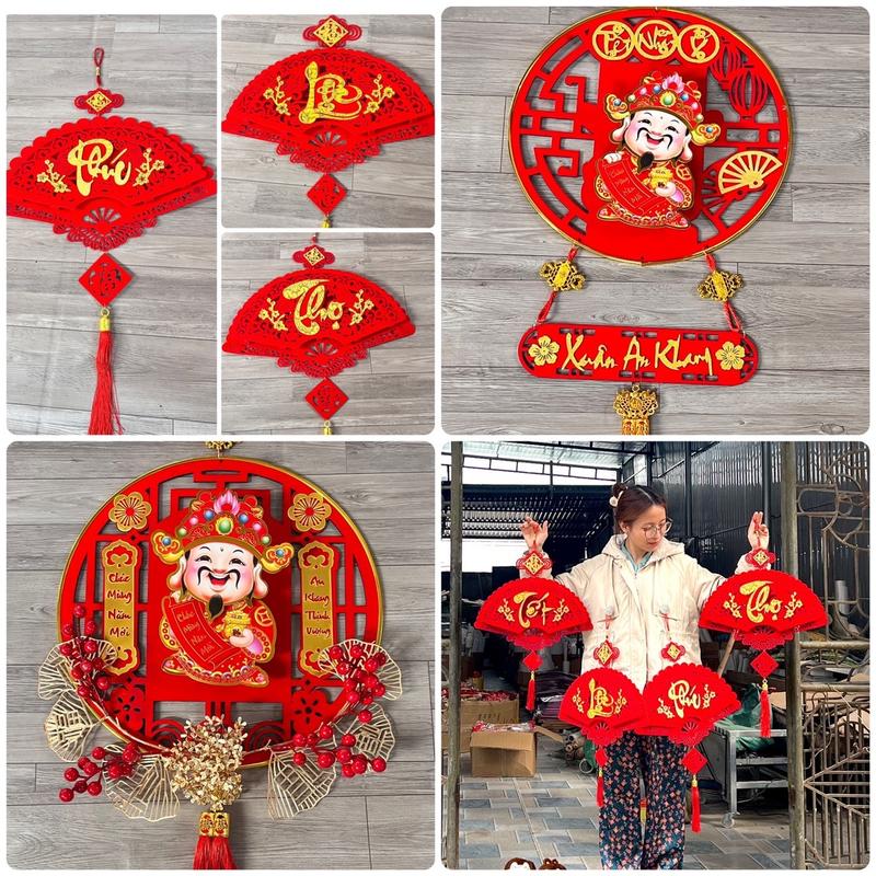 Đồ treo trang trí tết Thần Tài lắc đầu và dải dây quạt nhung treo kính, treo cửa