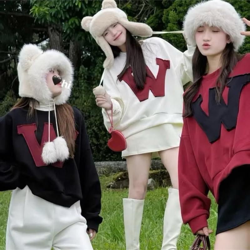 Combo 2 Áo sweater nỉ bông tàu tay bo chun form boxy chữ W mặc noel giáng sinh Hoodie Top Women_Xưởng Yuri