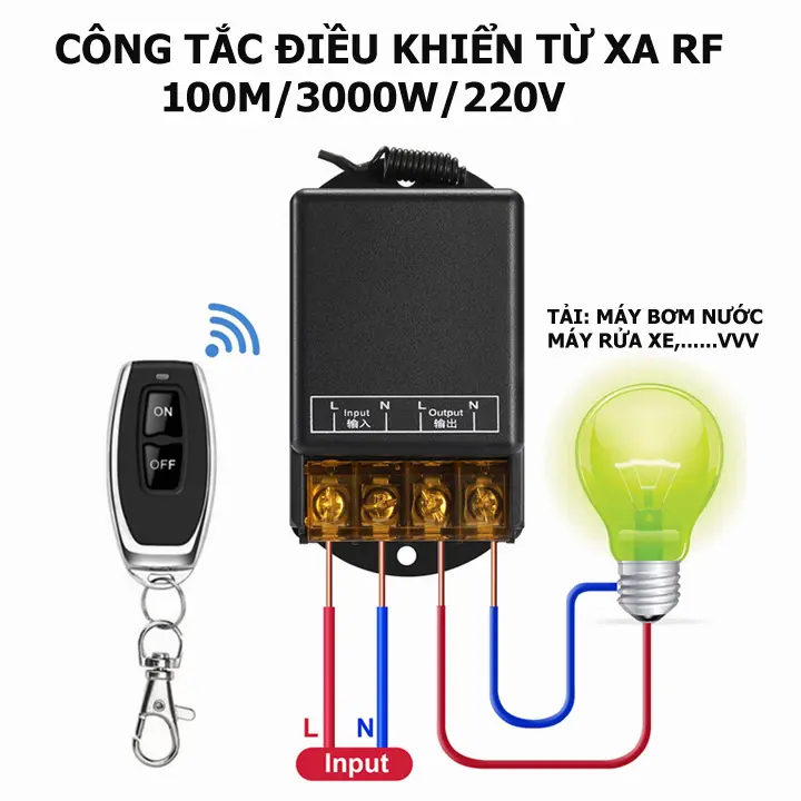 Bộ công tắc điều khiển từ xa rf 100m 30A 4000W 220V 2 tay điều khiển, điều khiển máy bơm nước 6