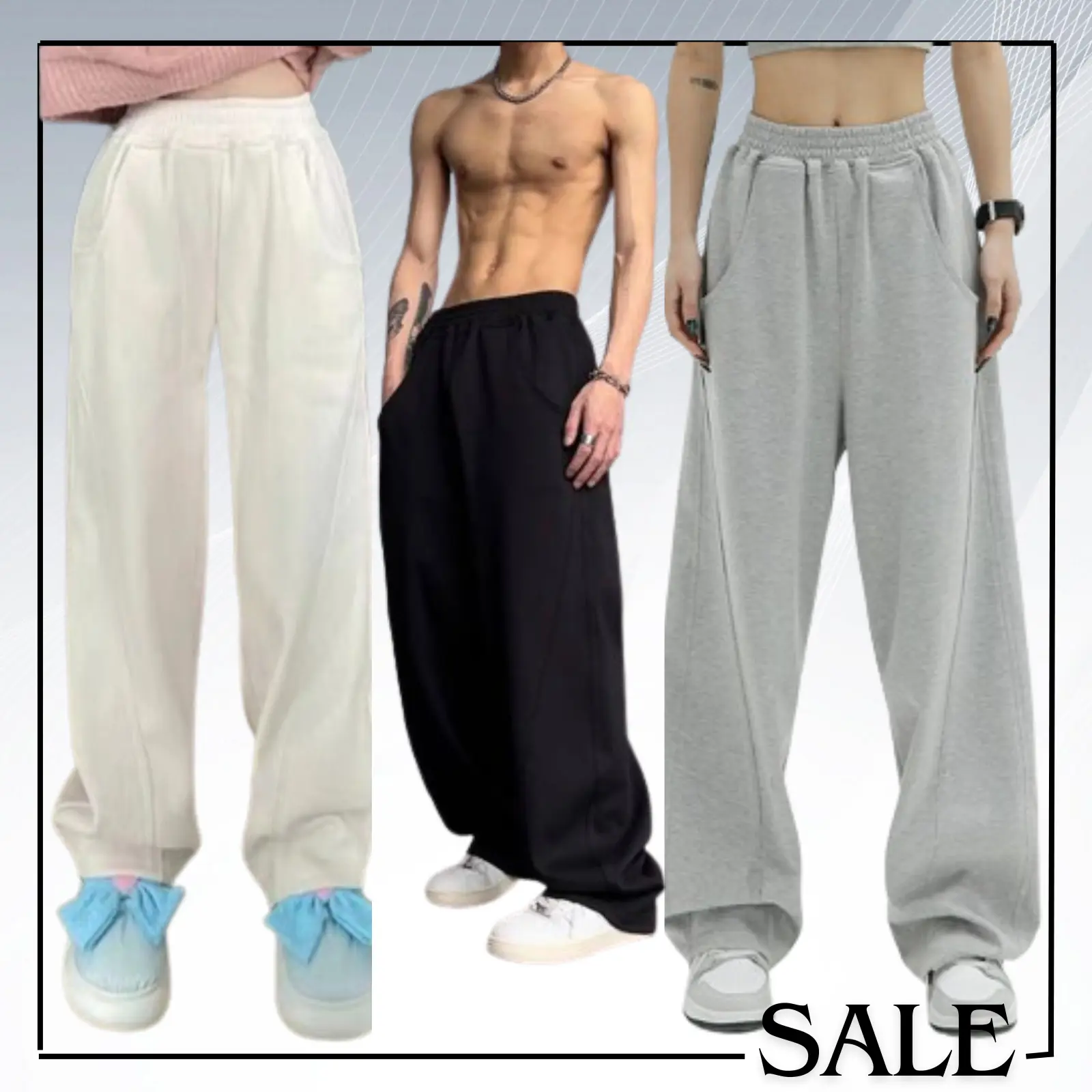 Zoozoo - Quần dài dáng suông ống rộng xếp ly chéo hàng unisex nam nữ mặc được, chất Nỉ, lưng thun cạp cao che bụng, ống rộng che chân vòng kiềng, đùi to Trắng Đen Xám