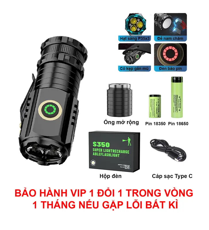Đèn mini cầm tay kháng nước pin 2600mAh đế nam châm đa năng, gắn mũ 2