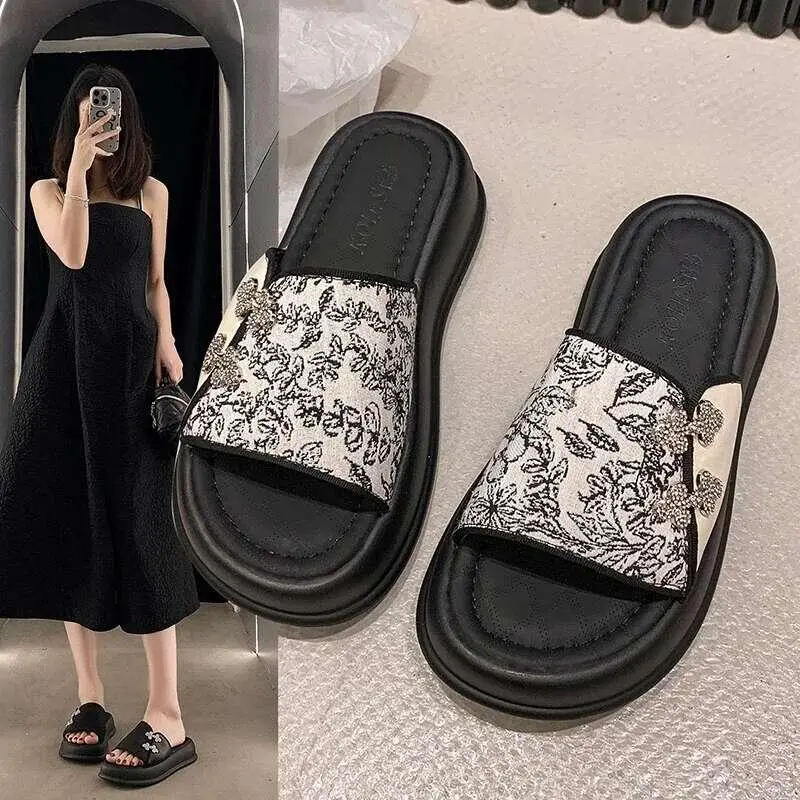 Beach Shoes Womens Slippers Outdoor Low Slides Platform wer Pantofle Sabot Summer 2025 Rubber Fabric Retro Hoof Heels ral
