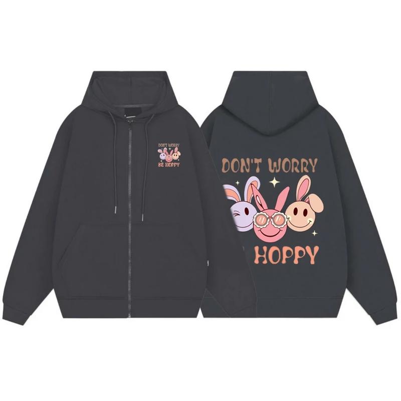 Áo Khoác Khóa Nỉ - Thời Trang Thu Đông, Chất Vải Nỉ Cotton Mềm Mịn Hình Mặt Thỏ Don`t Worry Be Hoppy 2