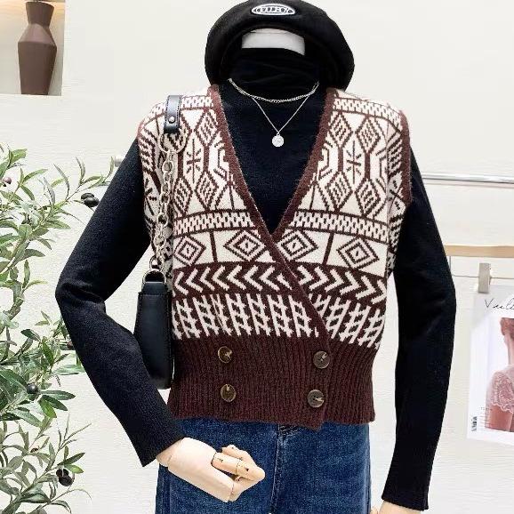 Áo gile len nữ hoạ tiết thổ cẩm cổ V phong cách Hàn Quốc trẻ trung sang chảnh