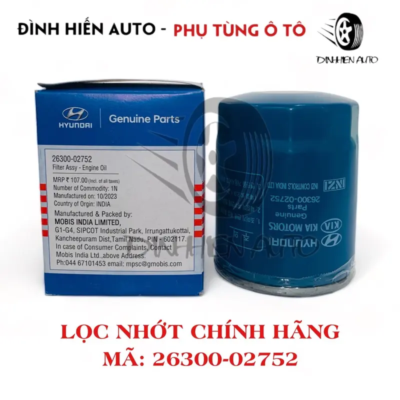 [HÀNG CHÍNH HÃNG] Lọc nhớt, dầu động cơ chính hãng xe Hyundai | Kia: I10, Grand I10, Accent, Venue - Morning, Soluto (Mã: 2630002752 | 26300-02752) 0