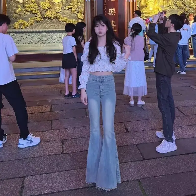 Quần Dài Jean Ống Loe, Màu Sáng Phong Cách Cổ Điển Cạp Cao Dành Cho Nữ, Hàng Mới Về Mùa Thu, Thiết Kế Cạnh Thô Đã Giặt, Bó Sát Vừa Vặn, Quần Móng Ngựa 2