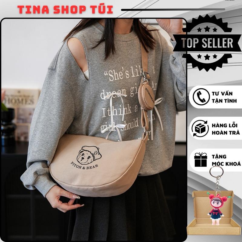 Túi vải Beibaobao kiểu dáng túi bánh bao hoạ tiết gấu Piton; kèm ví tròn nhỏ túi xách Bag Đeo Vai