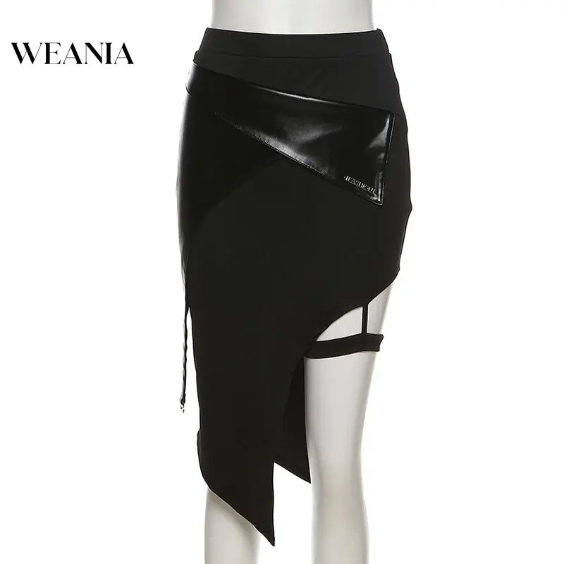WEANIA-Váy Pu Cạp Cao Cho Nữ, Thiết Kế Mới, Chắp Vá, Không Đều, Có Dây Xích Chân 5